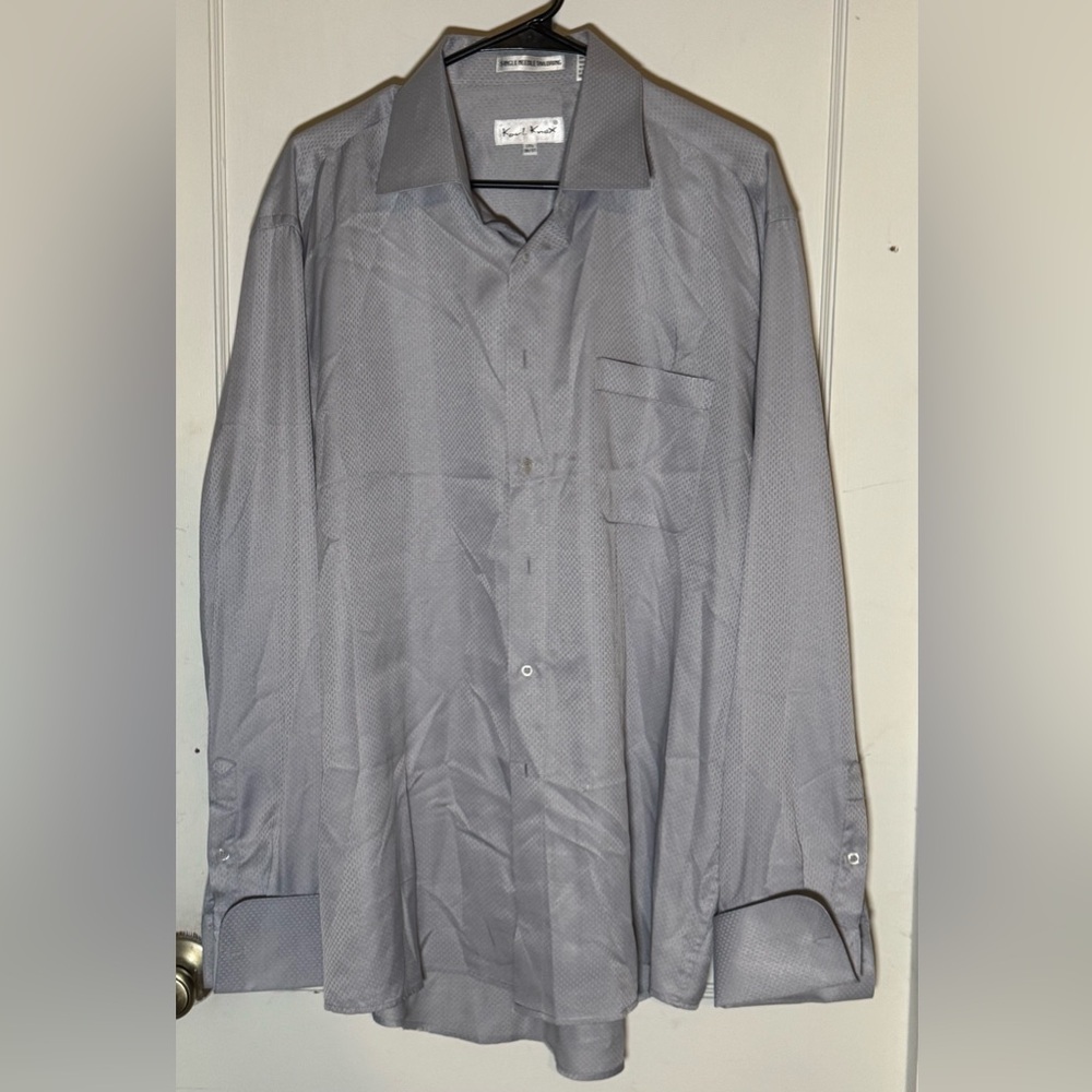 Karl Knox Men Long Sleeve Dress Shirt 17.5 36/37 Gray Geometric French Cuff EUC
